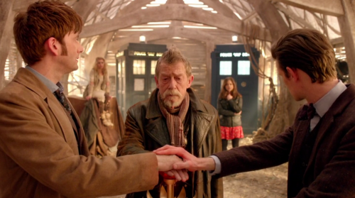 David Tennant, Billie Piper, John Hurt, Jenna-Louise Coleman, and Matt Smith in "The Day of the Doctor"