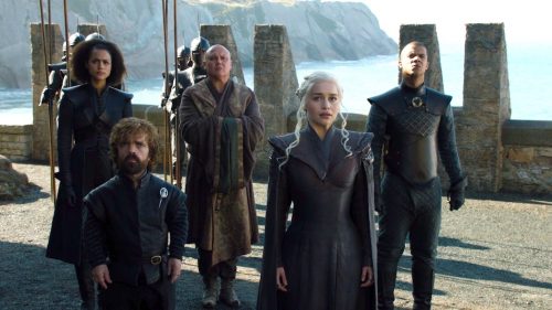 Missandei, Tyrion, Varys, Daenerys, and Grey Worm in GOT 7x01