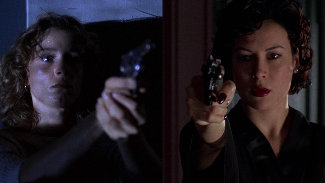 Frances McDormand in BLOOD SIMPLE, and Jennifer Tilly in BOUND, both pointing guns.