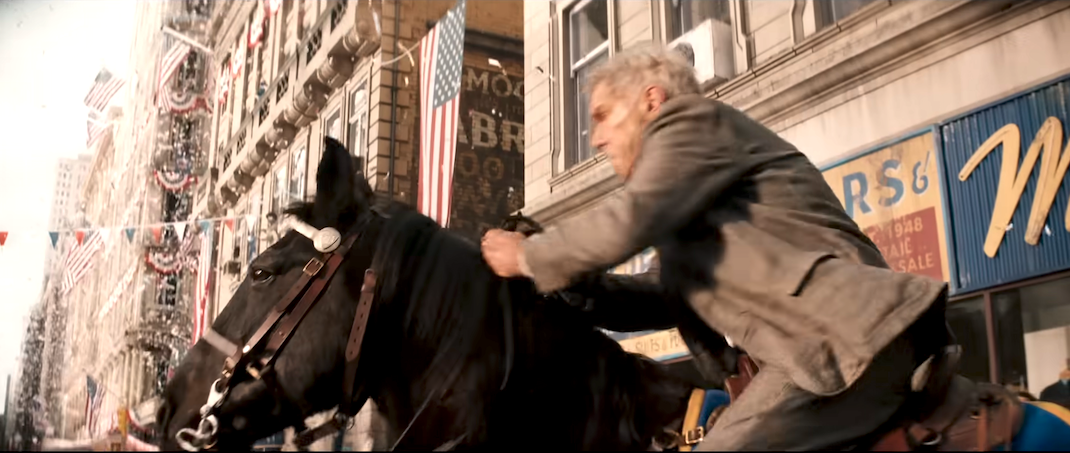 Indiana Jones rides a horse through NYC in INDIANA JONES AND THE DIAL OF DESTINY