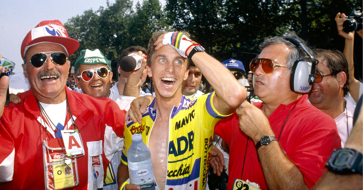 Greg LeMond celebrates his Tour de France victory in THE LAST RIDER