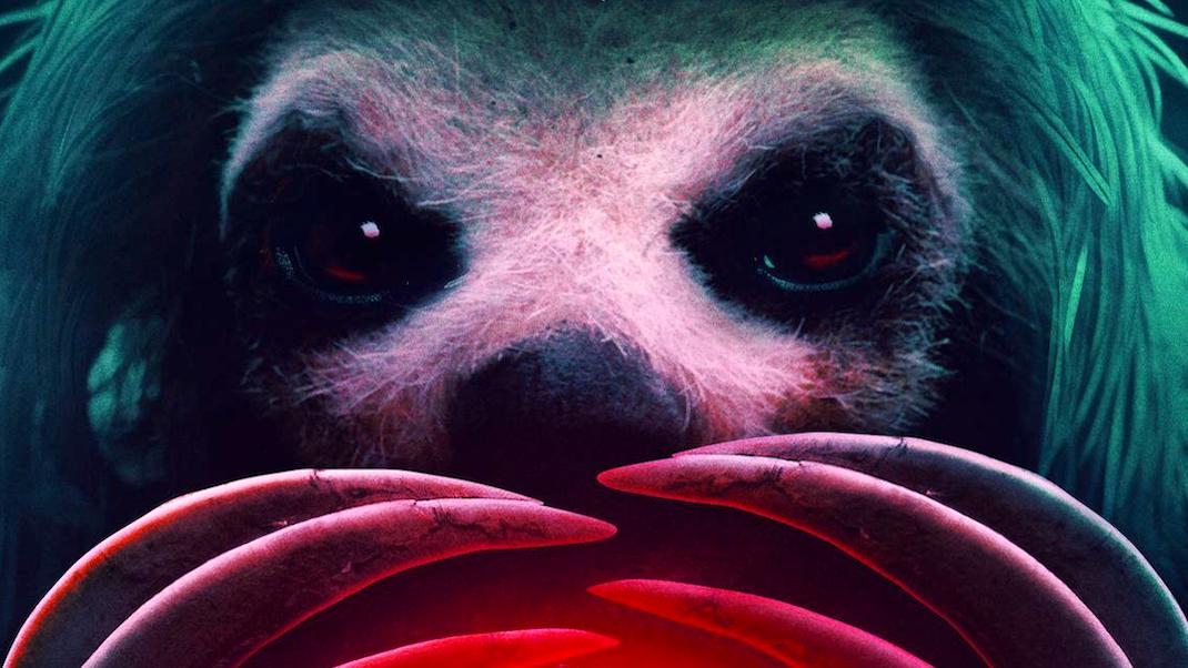A tight close-up of a menacing sloth's face and claws, from SLOTHERHOUSE