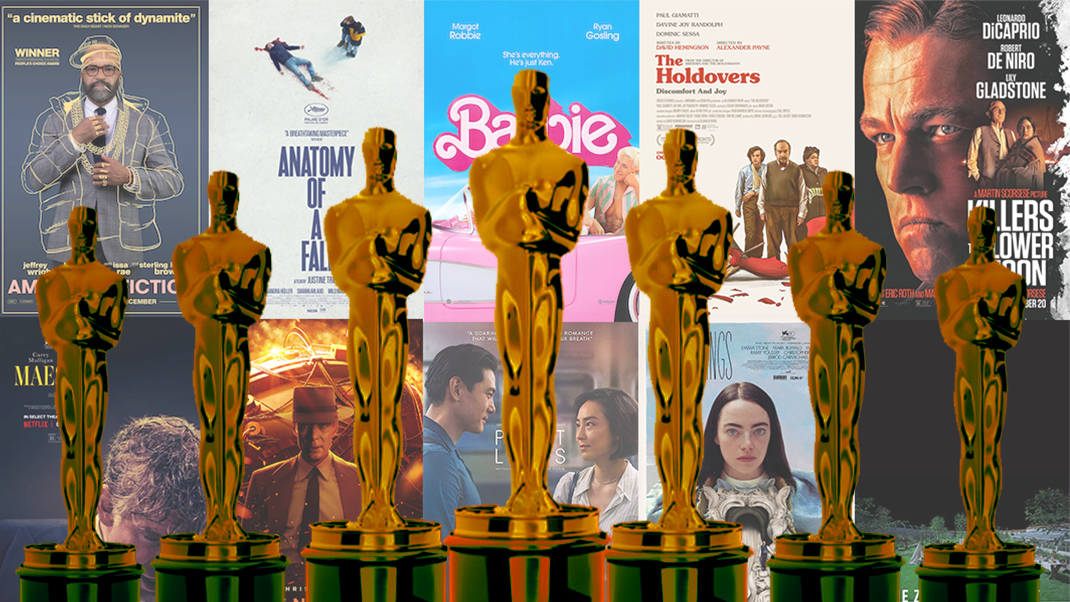 Academy Award statues standing in front of posters for the Best Picture nominees (American Fiction, Anatomy of a Fall, Barbie, The Holdovers, Killers of the Flower Moon, Maestro, Oppenheimer, Past Lives, Poor Things, and The Zone of Interest))